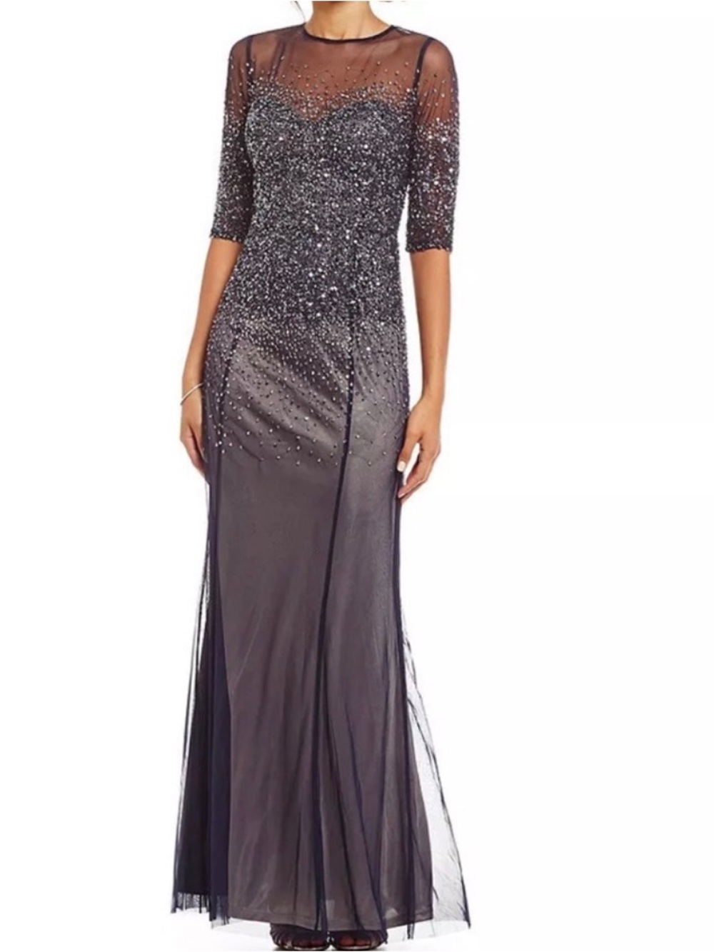 Adrianna Papell Dark Navy Gown, Size 8.  Beaded/Sheer Evening Gown